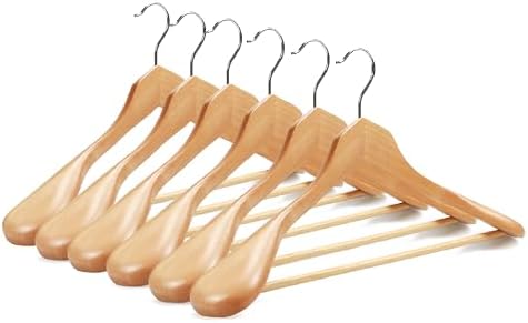 Luxury Wide Shoulder Wooden Suit Hangers with Pants Bar, Solid Wood Jacket Clothes Hangers Smooth Finish for Sweater Dress Pants Sport Coats (Natural, 6 Pack)