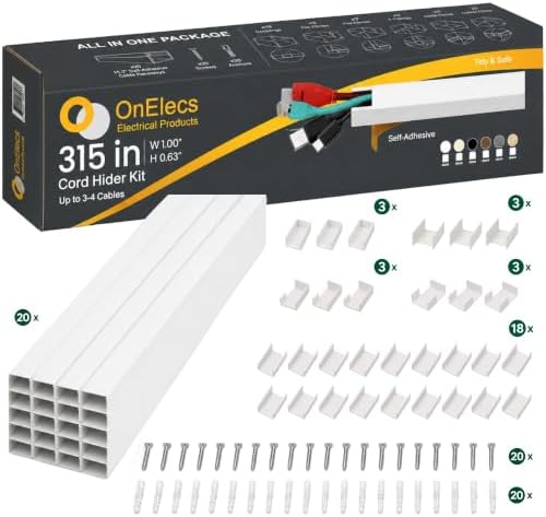 OnElecs 315in Cable Raceway Kit, Cord Cover Wall Cord Hider, PVC Wire Hider Wall Mount for TV Computer Office - Self-Adh