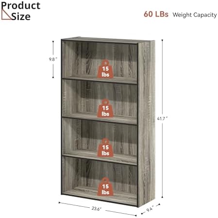 4-Tier Wood Open Bookshelf, Engineered Wood Rustic Book Shelves with 3 Shelves, 9 Inch Deep Small Bookcase for Small Spa