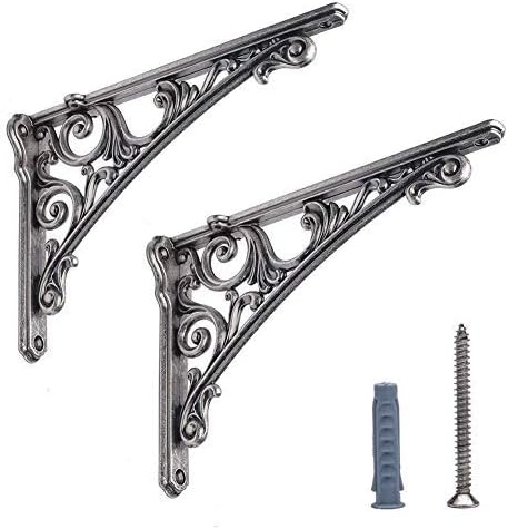 HARPOON 8 Inch Shelf Brackets 2 Pack Heavy Duty Wall Bracket Baroque Kitchen Decorative Rack Shelves Silver