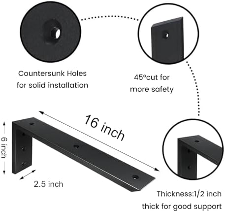 Countertop Support Bracket 3 Pack 16 inch Heavy Duty 1/2" Thick Black Black Granite Countertop Bracket 16"x6"x2.5" Shelf