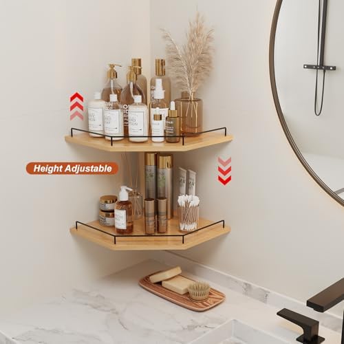 JJL Corner Shelf Wall Mounted, 12 Inches 2-Tier Floating Corner Shelf, Hexagon Rustic Wood Decor with Fence, Natural Woo