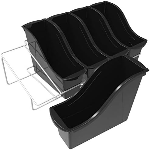Storex Small Book Bins, Set of 5 Bins, Metal Shelf Rack Included, Black (71152U01C)