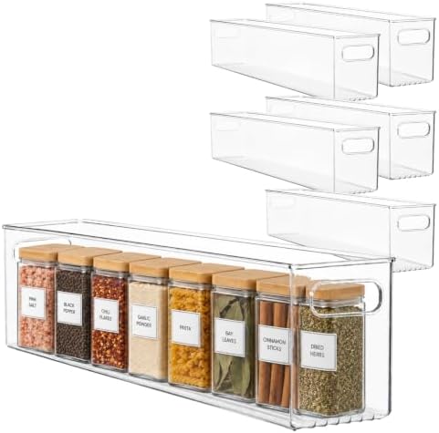 primebox Plastic Food Storage 6 Pack Clear Container Bin with Handles for Organizing Kitchen, Pantry, Refrigerator, Free