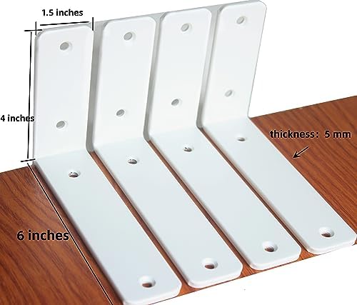 4 Pack - L 6" x H 4" x W1.5, 5mm Thick White L Shelf Bracket, Iron Shelf Brackets, Metal Shelf Brackets, Floating Shelf,