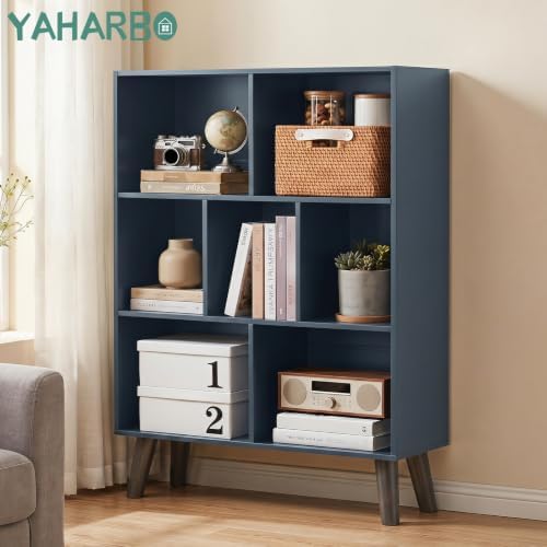 YAHARBO Blue Bookshelf,3 Tier Book Shelf with Legs, 7 Cube Minimalist Bookcase,Storage Organizer Shelves Display Bookcas