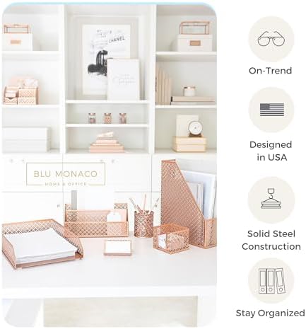 BLU MONACO | Rose Gold Desk Organizer Set | 6 Piece Metal Office Desk Organizer with Mail Sorter, Pen Cup, Sticky Note Holder, Magazine File, Card Holder, Paper Tray | Desk Organizers and Accessories