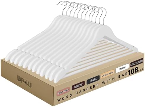 Wooden Clothes Hangers with Pants Bars, White, 108-Pack
