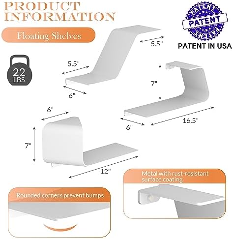 Sttoraboks Floating Shelves - Set of 3 Wall Mounted Metal Shelves with Unique Design for Wall Storage, Book Shelf, Displ
