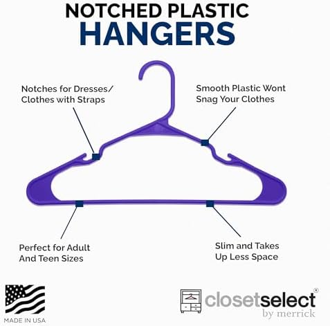 Closetselect Plastic Hangers 50 Pack - Space Saving Clothes Hangers, Made in USA, Durable & Strong Plastic Shirt & Coat Hanger with Notches & Shoulder Grooves, Non-Slip Clothing Hangers | Dark Grape
