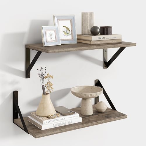Axeman Floating Shelves for Wall, 16'' x 8'' Grey Wall Shelves Set of 2