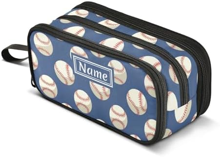Custom Baseballs Ball Blue Pencil Case Box Boys Girls Personalized Name Large Pencil Pouch Stationery Pen Bag Organizer for Kids Adults School Office