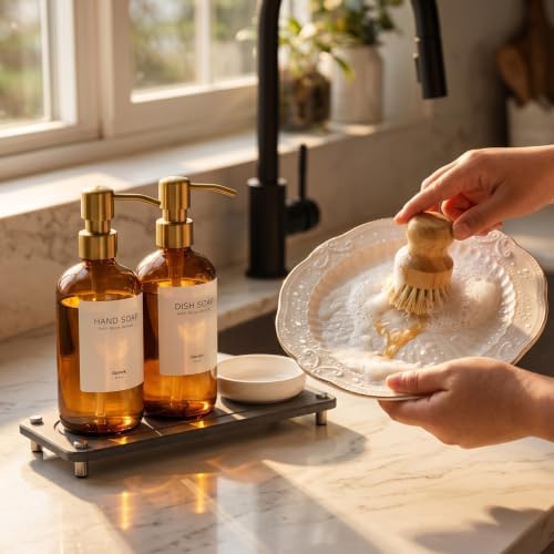Kitchen Soap Dispenser Set, 2 Pack 16oz Amber Glass Dish Soap and Hand Soap Dispenser with Gold Stainless Steel Pumps, Q