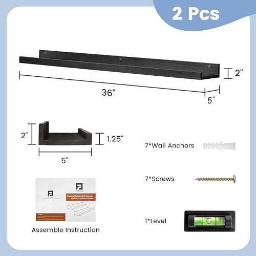 Picture Ledge Shelf for Wall, 36 inch Solid Pine Wood Nursery Book Shelves 2 Packs, Floating Ledge Shelves for Kids' Room Bedroom Bathroom Living Room Photo Frames Office Nursey Wall Decor, Black