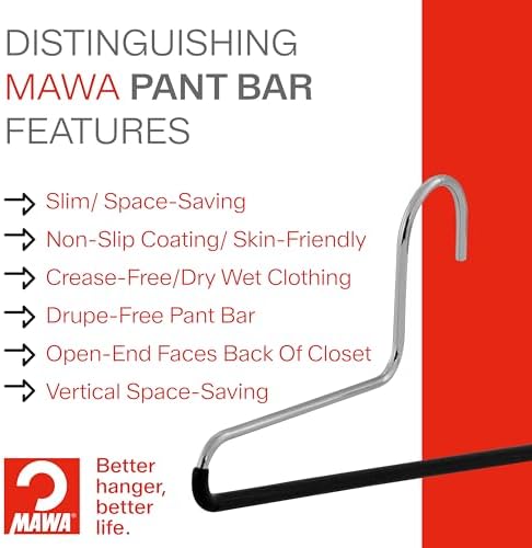 Mawa by Reston Lloyd Trouser Series Non-Slip Space-Saving Clothes Hanger with Single Rod for Pants, Style KH/1, Set of 4, Red