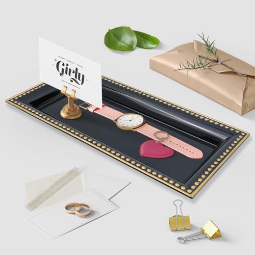 2 Pack Black Bathroom Vanity Tray for Countertop with Beads, Small Plastic Toilet Tank Versatile Storage Organization Tr