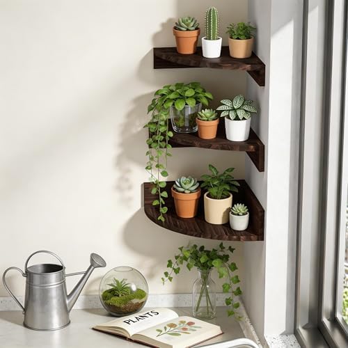 Alsonerbay Wood Corner Shelves Wall Mount 3-Pack, Dark Brown