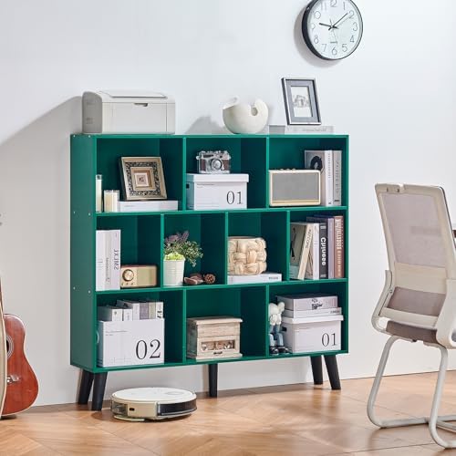 LEYAOYAO 10 Cube Bookshelf,Mid-Century Modern Bookcase with Legs,Dark Green