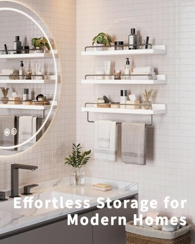 Seocry Bathroom Shelves, Wall Shelf Set of 3, Floating Shelves, Shelves for Room Wall, Bathroom Decor (White Grey, 15.7 