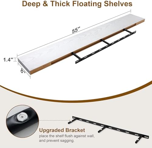 Fun Memories Deep White Floating Shelves, 8 Inch Deep Floating Shelf for Wall, Rustic White Wall Shelves 55 Inch Long, L