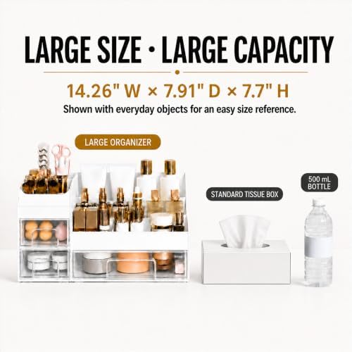 Extra Large Makeup Organizer for Vanity, 3 Drawers and Brush Holder, Countertop Cosmetic Storage for Skincare and Perfum