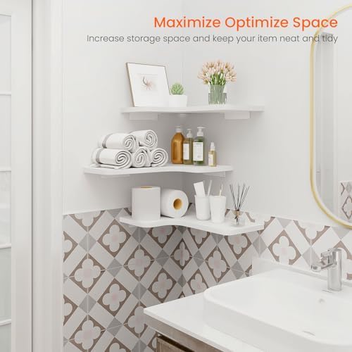 Homode Corner Floating Shelves, Set of 3 Corner Wall Shelves with Wire Hole, L-Shaped Wood Hanging Storage Shelf for Wal