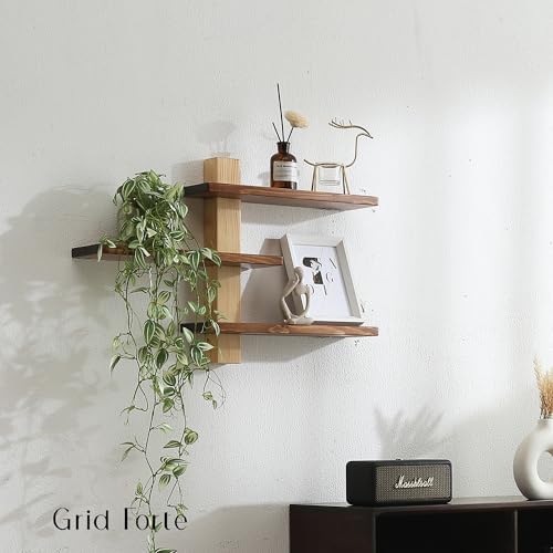 GRID FORTE Wood 3-Tier Floating Shelf, Large Minimalist Wall Shelves