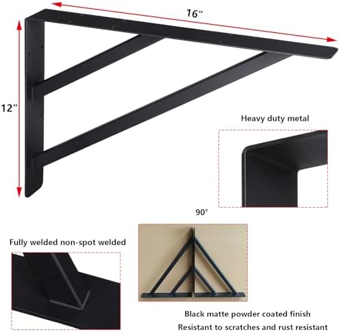 2Pcs Heavy Duty Shelf Bracket Countertop Support Brackets 16"x12" Wall Mounted Floating Shelf Bracket,Solid Fireplace Me