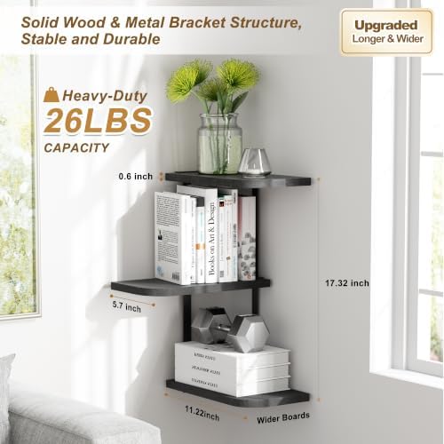 Love-KANKEI Large Corner Shelf 3-Tier, Solid Wood&Bracket, 17" Tall, Black