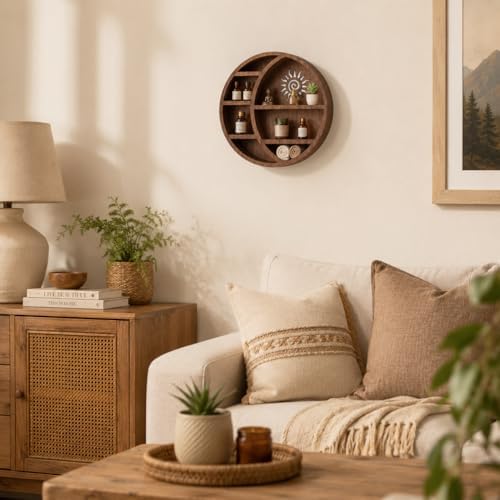 Wooden Crescent Moon Shelf Wall Decor — Aesthetic Floating Crystal Display Holder & Hanging Organizer for Bedroom, Dorm 