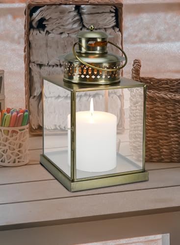 Serene Spaces Living 12" Aurea Candle Lantern, Gold Square Metal Candle Holder - Table, Mantel Decor, Elegant Decorative