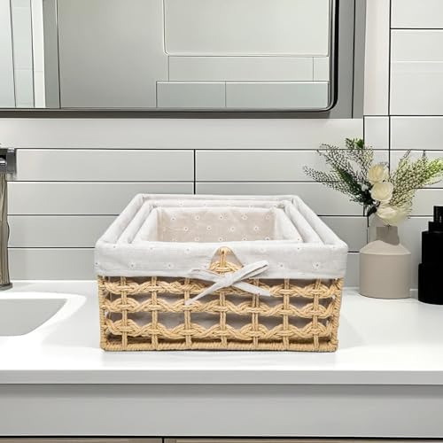 GIB Small Wicker Woven Storage Baskets for Organizng with Liners, Set of 3