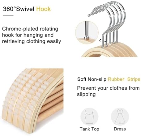 TOPIA HANGER Sleek Wooden Hangers with Non-Slip Rubber Grips, Sweater Hangers No Shoulder Bump, Lightweight Clothes Hangers 10-Pack, 360° Swivel Hook and Pants Bar-CT63N