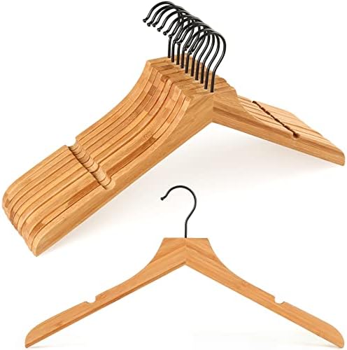 TOPIA HANGER Bamboo Wooden Hangers, Clothes Hangers with Rotatable Black Hook and Smooth Cut Nothces, Set of 12 Durable 