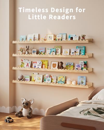 Shario Nursery Book Shelves, 4-Pack White Floating Shelves for Wall Kids, Scalloped Shelves, Wall Book Shelves for Bedro