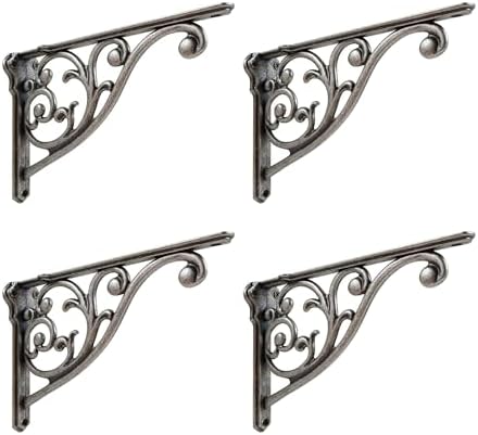 Shelf Brackets 6 Inch 4 Pack Heavy Duty Antique True Silver Wall Bracket Victorian Kitchen Decorative Rack Shelves, Shel
