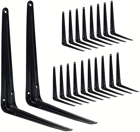 20 Pack Shelf Brackets 10 Inch, Black Metal Brackets for Shelves, L Shape Shelving Brackets (Black, 10" x 8")