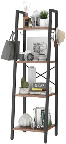 YMYNY 4 Tiers Ladder Bookcase, Industrial Narrow Bookshelf, Open Display Rack with 4 S Hooks, Metal Storage Shelves for 