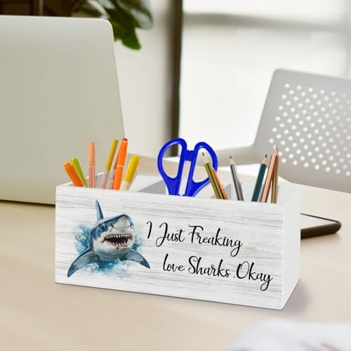 Shark Decor, Shark Bathroom Decor, Pen Pencil Holder Organizer for Desk Accessories, I Just Freaking Love Sharks Okay Wooden Box Sign Desk for Home Office Decoration