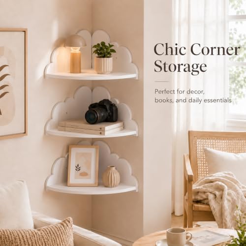 Cloud Corner Floating Shelves, Set of 3 Wall Mounted Shelves, White