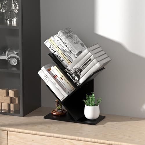 R RUISHENG 3 Tier Small Tree Bookshelf Storage Organizer Shelves Floor Standing Bookcase Desk Wood Storage Rack for Home