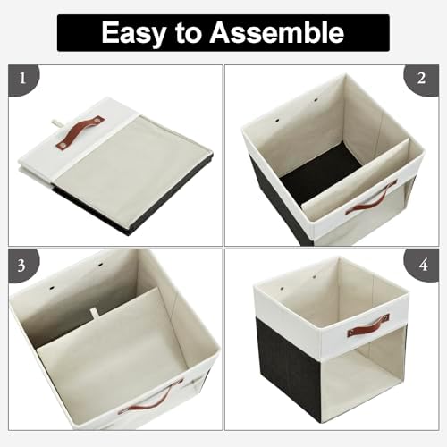 Bagnizer Storage Cubes, 4 Pack Linen Foldable Storage Bins (13 x 13 inch) with Clear Window and Handles, Fabric Organizer for Shelf Closet, Clothes, Books - (Black and White)