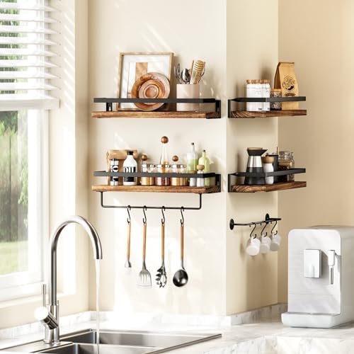 Amada Bathroom Shelves with Towel Bar, Set of 2, Rustic Brown