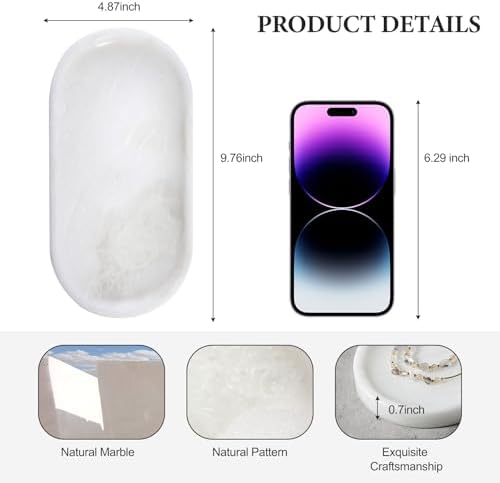Koville African Natural White Marble Decorative Tray, 10" x 5" Marble Vanity Tray for Bathroom Countertop Organizer Ston