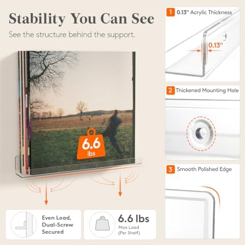 Lifewit Narrow Acrylic Floating Shelves for Vinyl Record 12", Clear 10 Pack