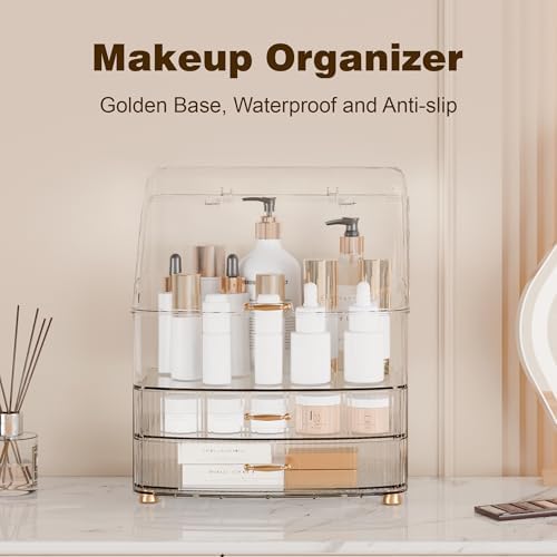 Makeup Organizer Countertop Vanity with Transparent Lid Drawers Waterproof Dustproof Cosmetic Skincare Bathroom Storage 