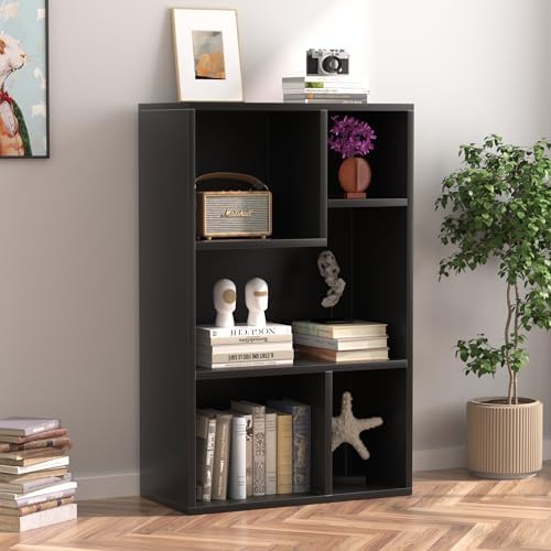 VECELO Wide Kids Staggered 5-Cube Bookshelf, Extra Large Freestanding Open Storage Organizer with Multi-Size Compartment
