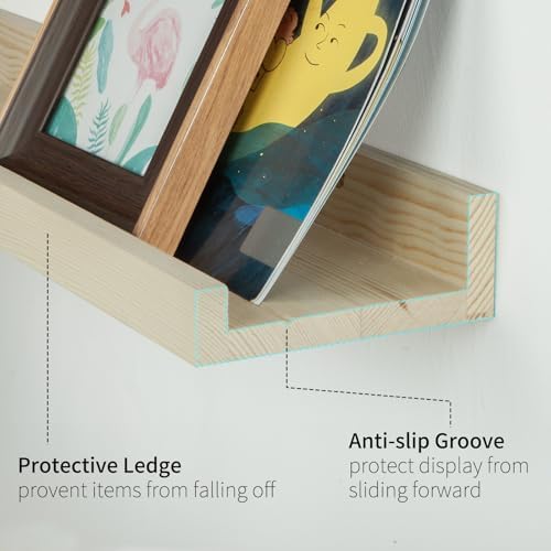 SAUMONIERES Picture Ledge Shelf Floating Book Shelves Set of 2 Wall Mounted Solid Wood for Bedroom Bathroom Living Room 