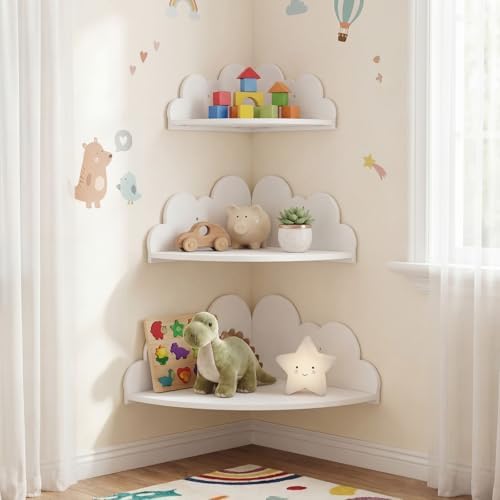 Novabright 3 Pack Cloud Floating Corner Shelves, 9/10/12 Inch Wall Mounted Corner Shelves for Room & Nursery Decor, Cute