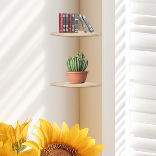 JJL Corner Wall Shelf, 12-Inch Sector Shelf, Set of 2 Wooden Hanging Shelves With Wire Hole for Bedroom Decoration, Ligh
